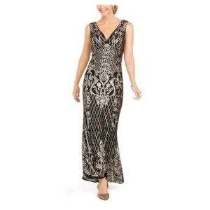 R & M Richards Black Gold Long Formal Sequin Gown Dress 18 3895 NTW